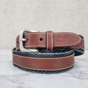 Vineyard Vines Navy Blue Denim Cotton Chevron Webbing Leather Belt Silver Buckle